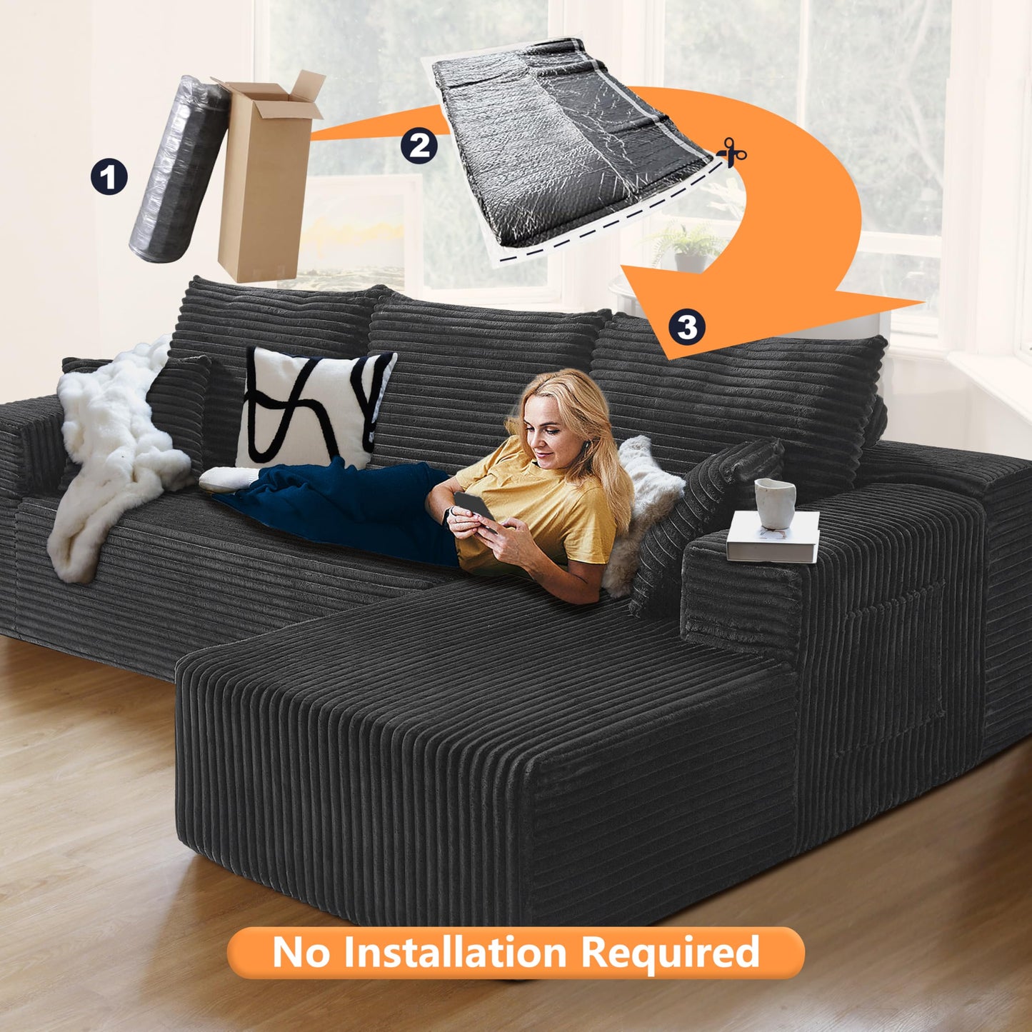 106" L-Shaped Corduroy Sofa – Black