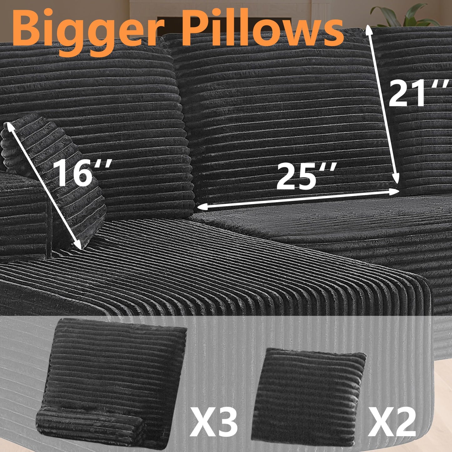106" L-Shaped Corduroy Sofa – Black