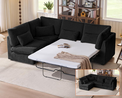 L-Shaped Sofa Bed with Ottoman – Beige