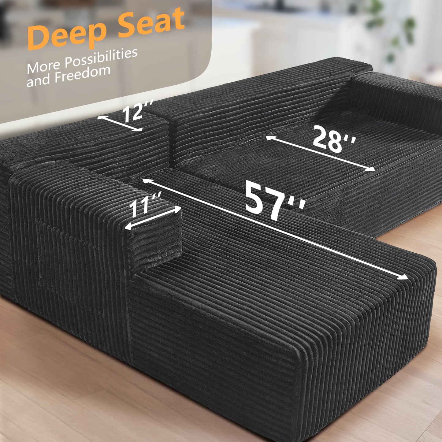 106" L-Shaped Corduroy Sofa – Black