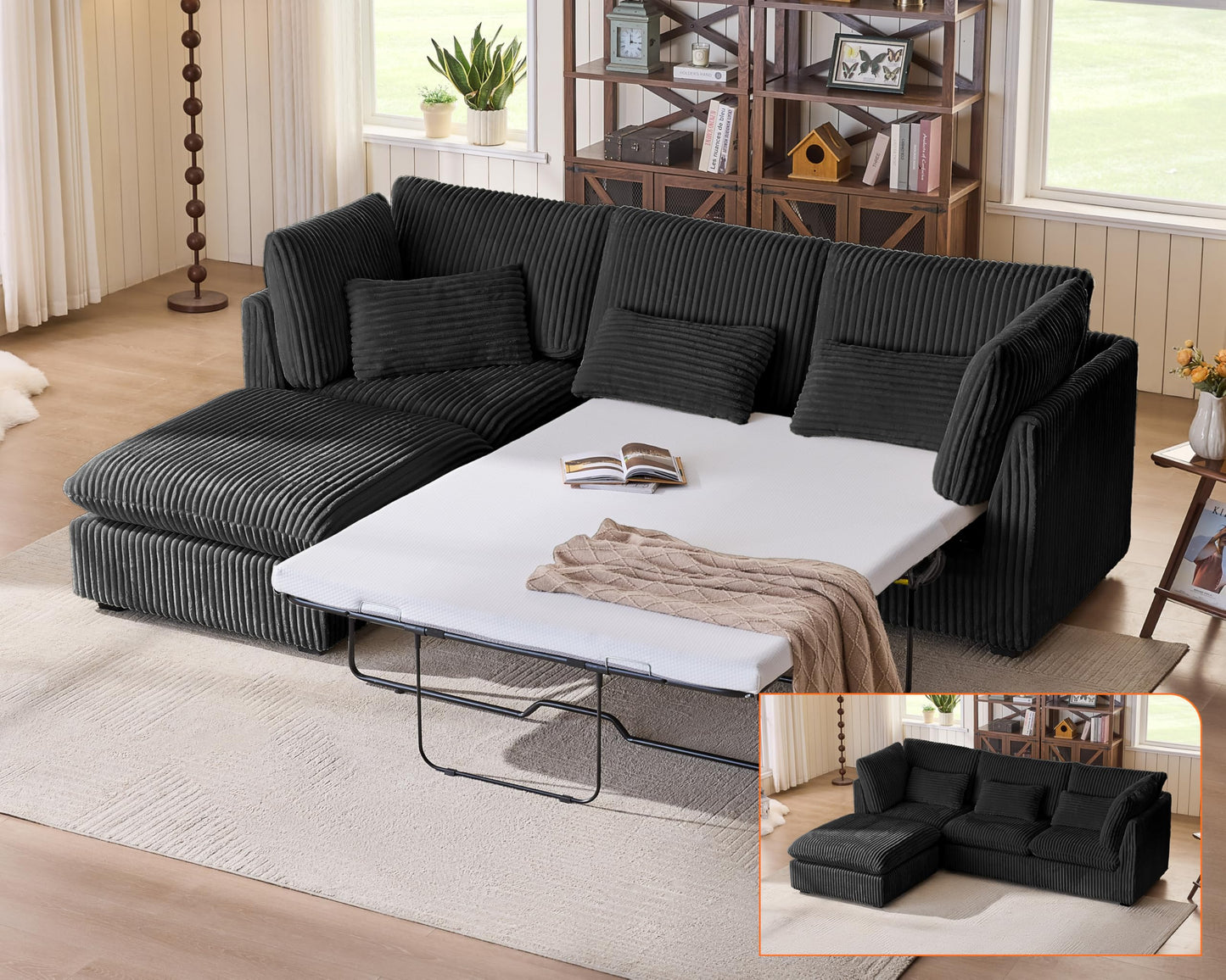 L-Shaped Sofa Bed with Ottoman – Beige