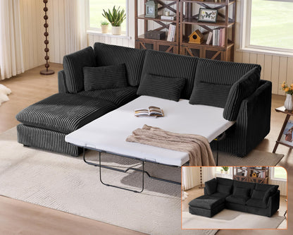 L-Shaped Sofa Bed with Ottoman – Beige