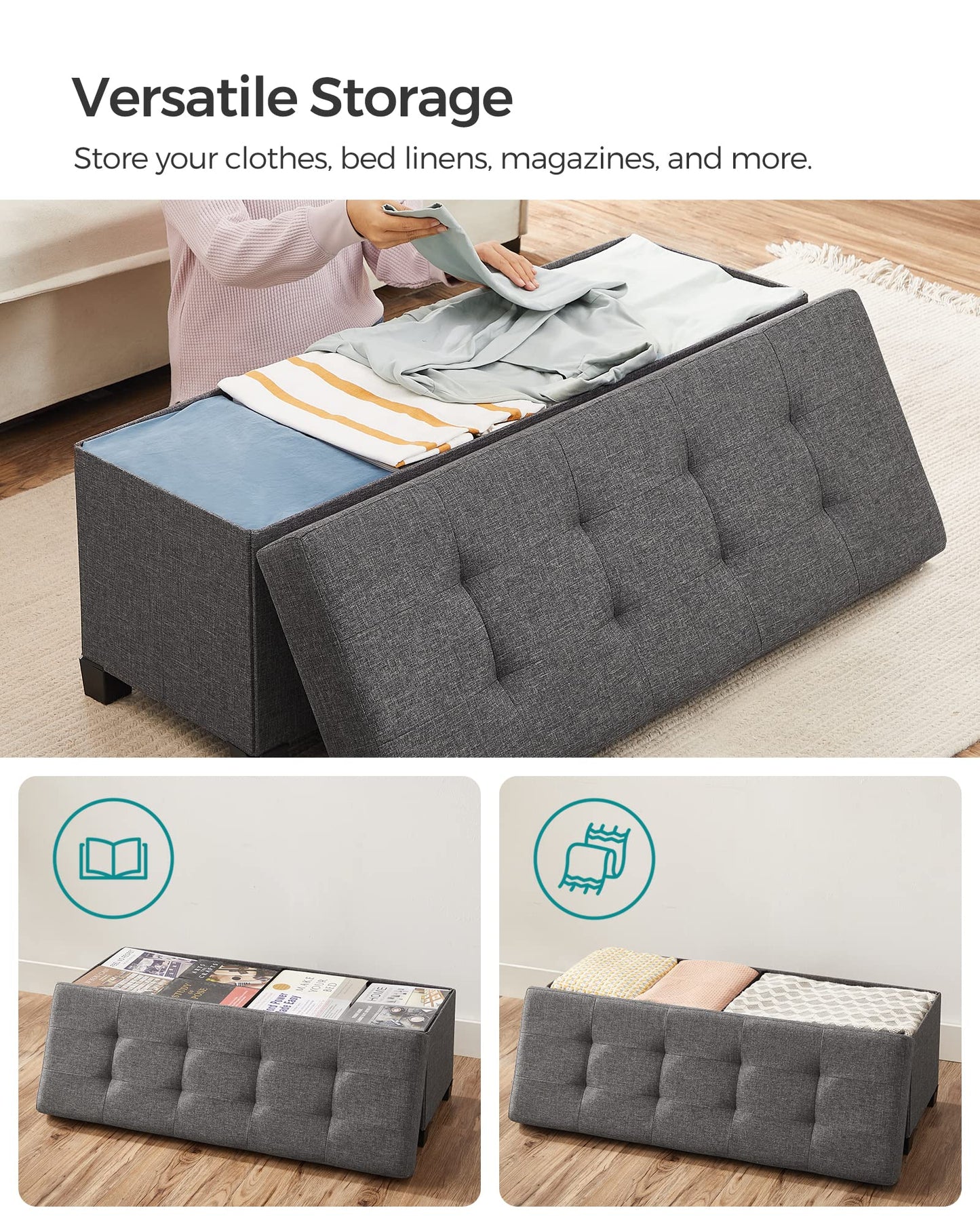 SONGMICS Foldable Storage Ottoman Bench, 15"x43"x15.7"