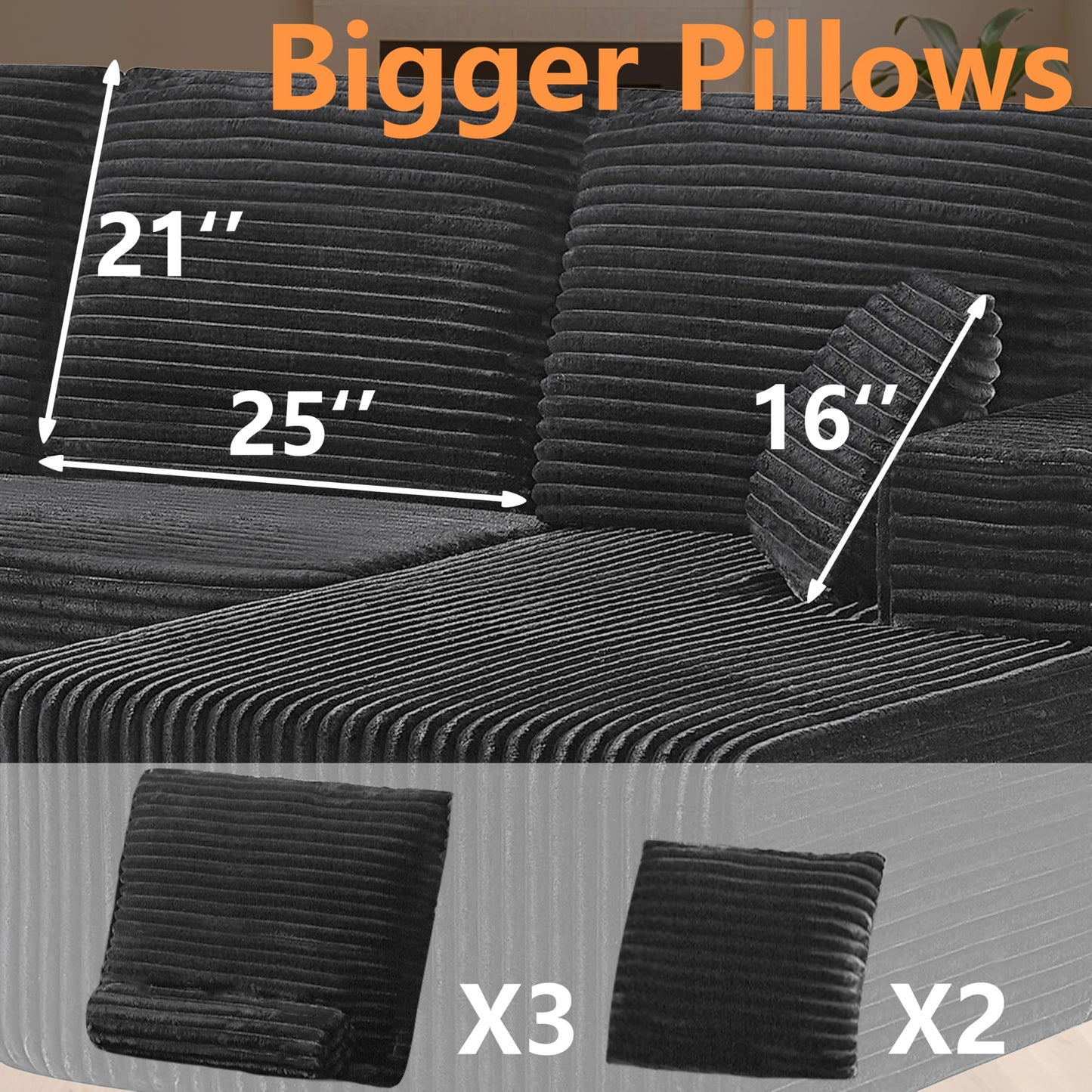 106" L-Shaped Corduroy Sofa – Black