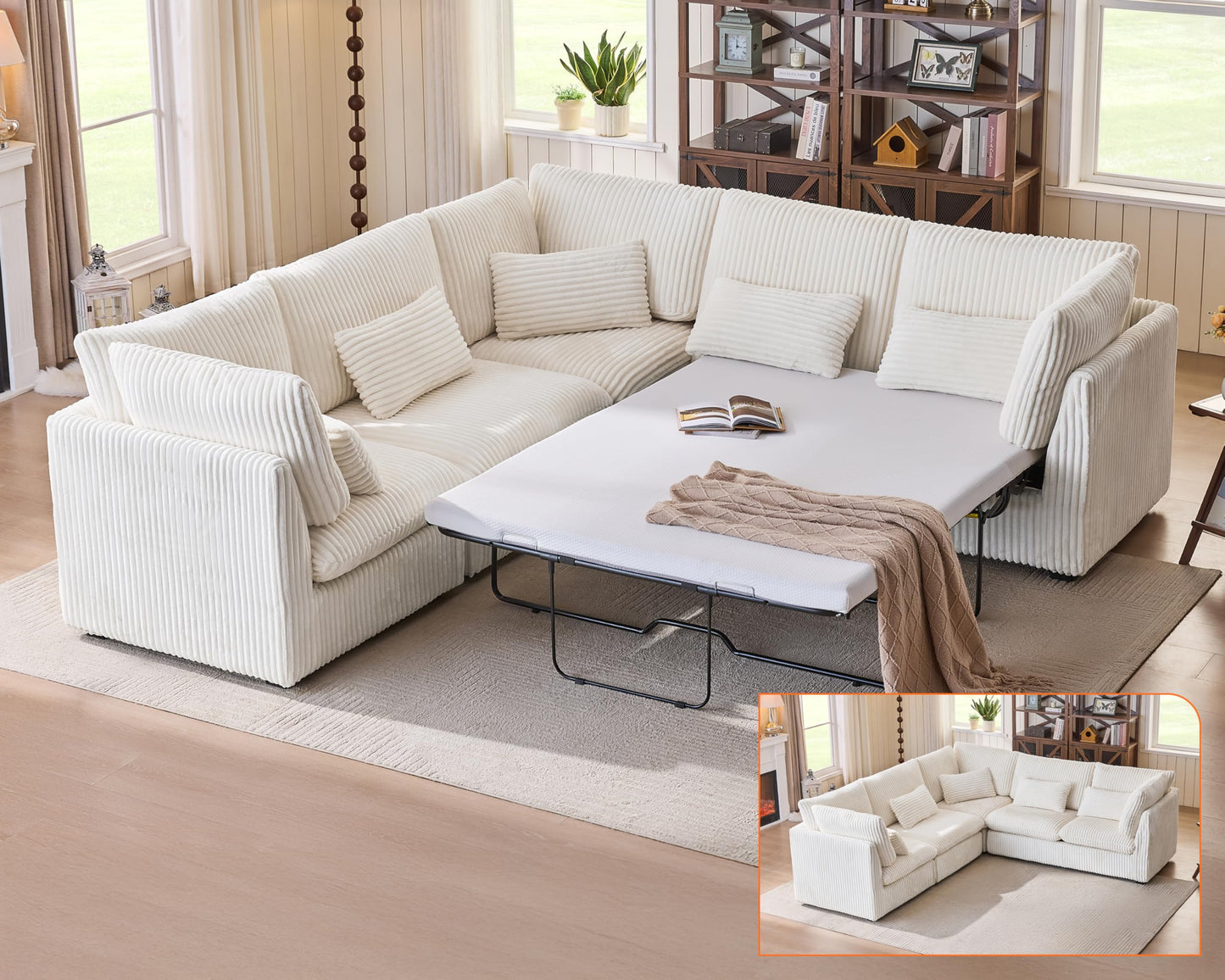 L-Shaped Sofa Bed with Ottoman – Beige