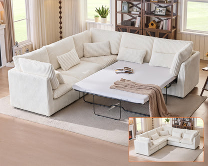 L-Shaped Sofa Bed with Ottoman – Beige