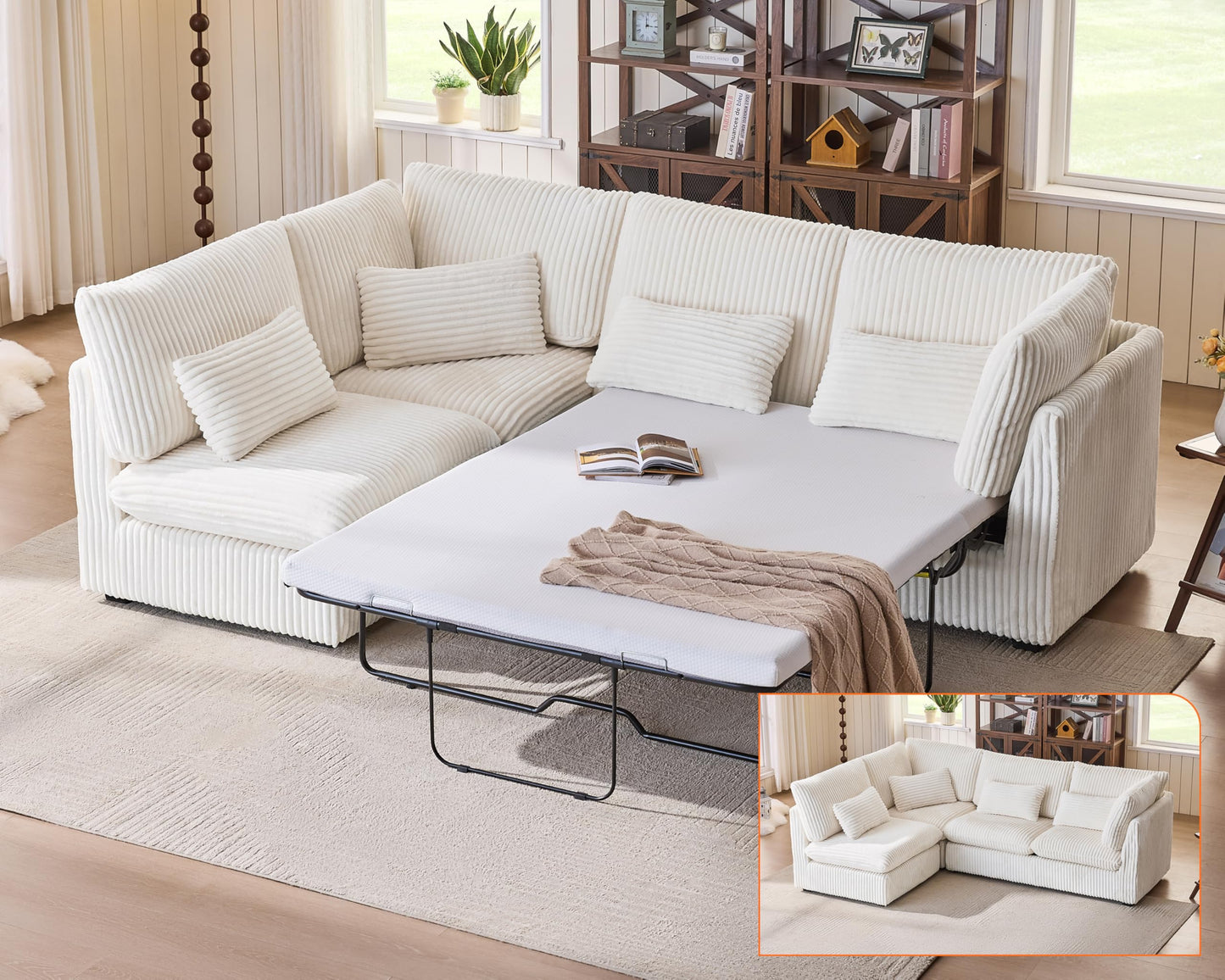 L-Shaped Sofa Bed with Ottoman – Beige