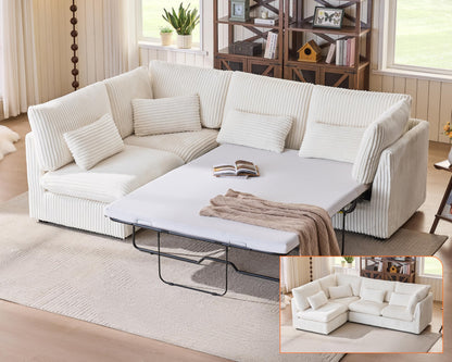 L-Shaped Sofa Bed with Ottoman – Beige