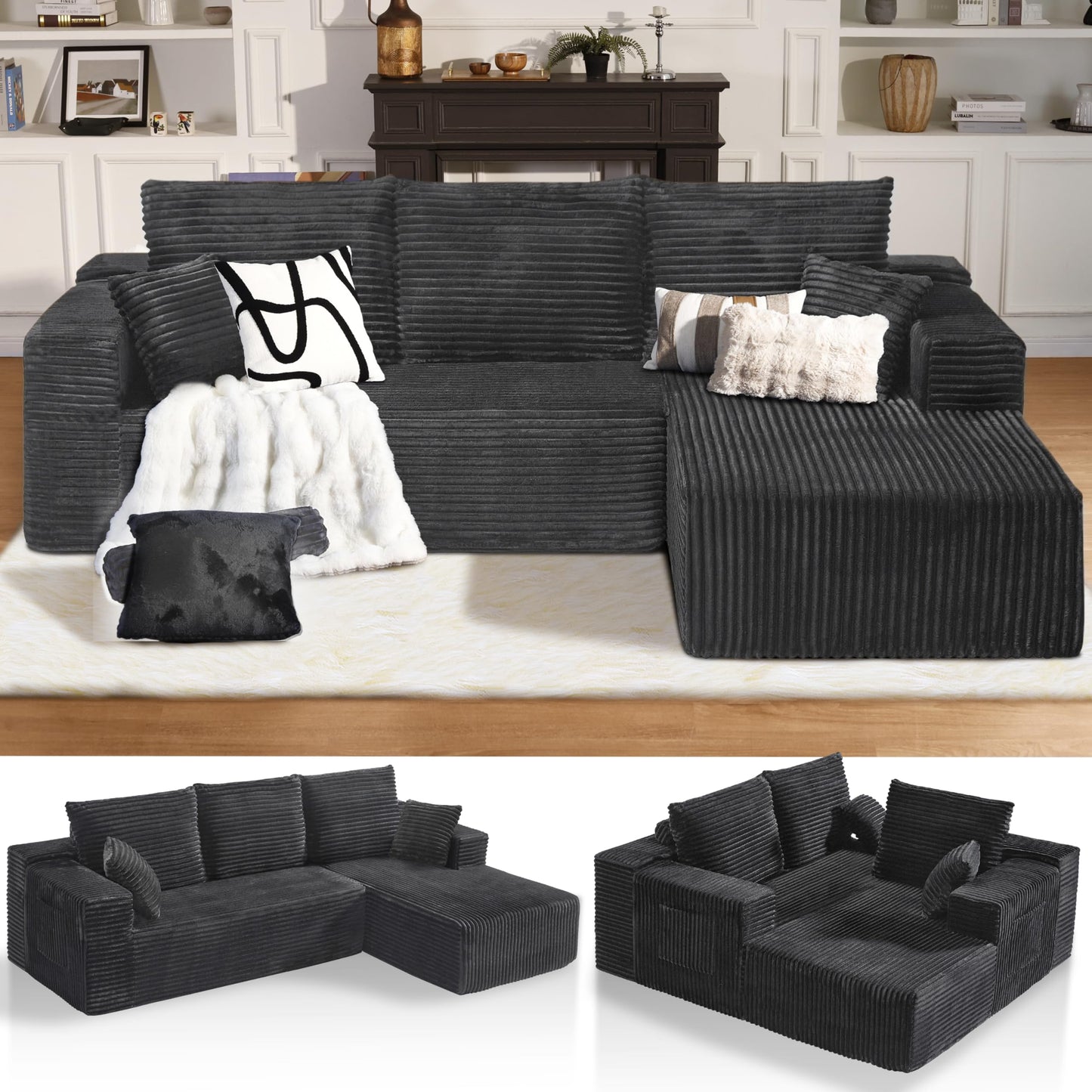 106" L-Shaped Corduroy Sofa – Black