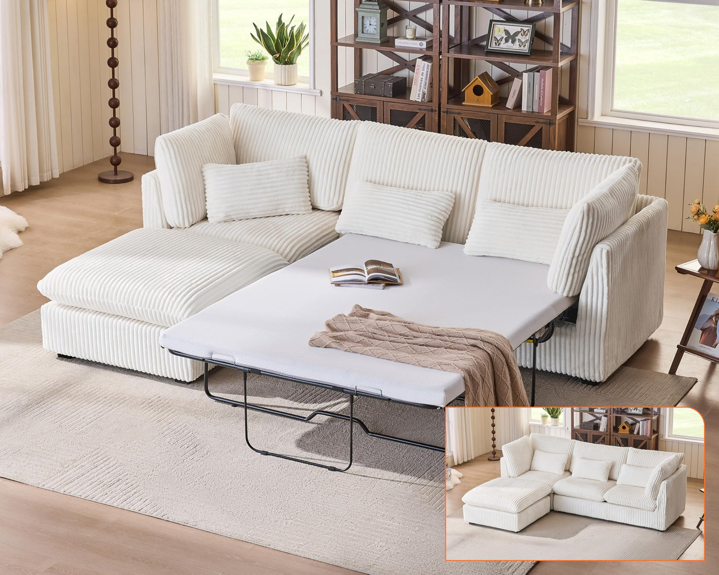 L-Shaped Sofa Bed with Ottoman – Beige